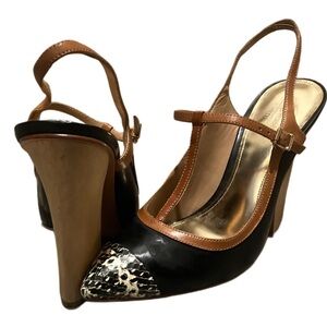 Coach Black and Brown Slingback Heels with Wood Block Heel‎ Fall Winter Size 10